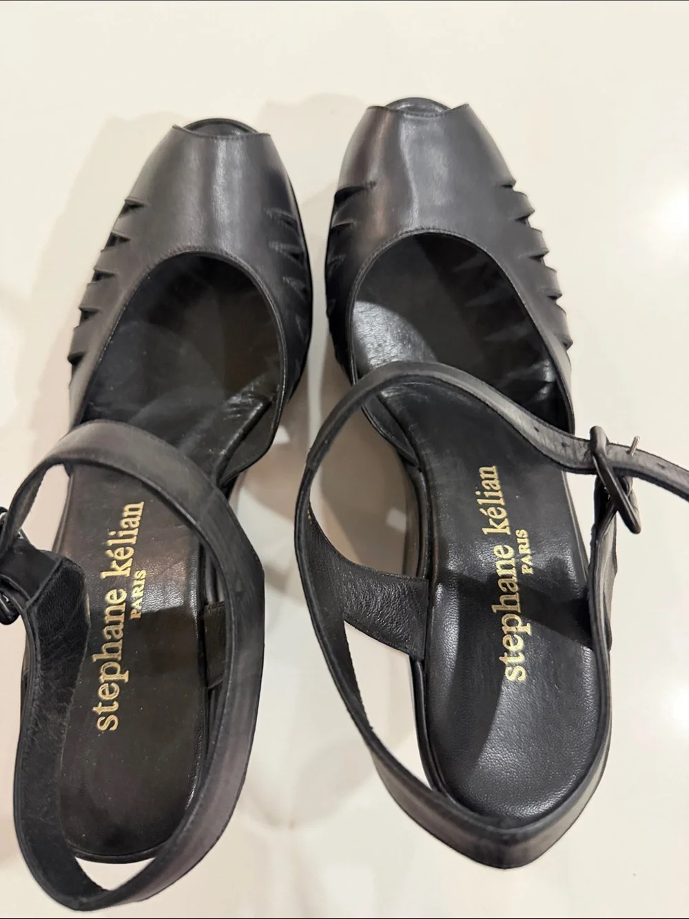 Stephane Kelian Black Leather Peep-Toe Wedge Sandals vintage brand new!